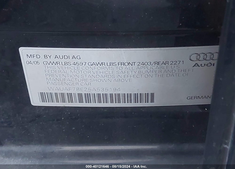 2005 AUDI A4 2.0T VIN: WAUAF78E25A535194