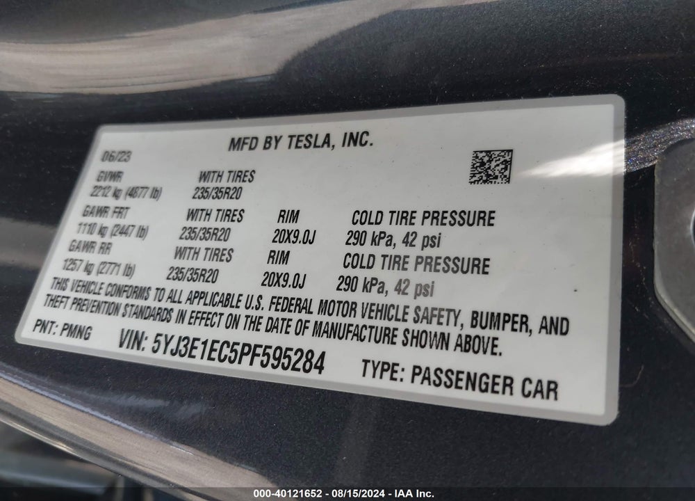 2023 TESLA MODEL 3 PERFORMANCE DUAL MOTOR ALL-WHEEL DRIVE VIN: 5YJ3E1EC5PF595284