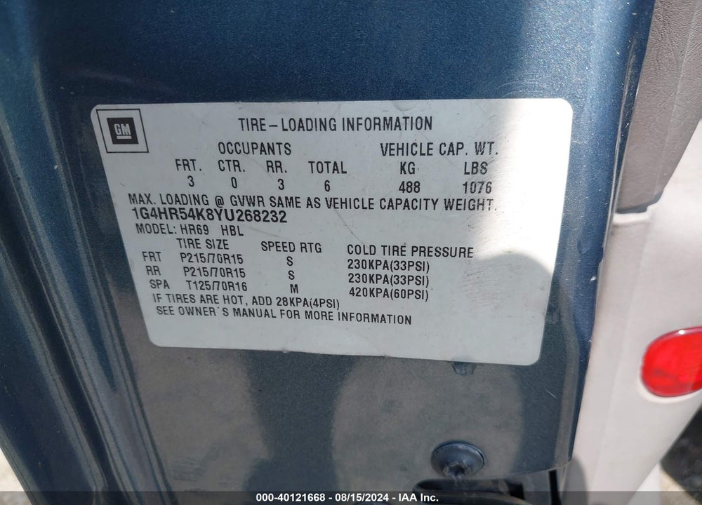 2000 BUICK LESABRE LIMITED VIN: 1G4HR54K8YU268232