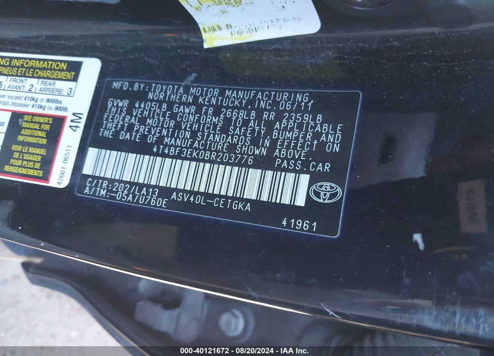 2011 TOYOTA CAMRY XLE VIN: 4T4BF3EK0BR203776
