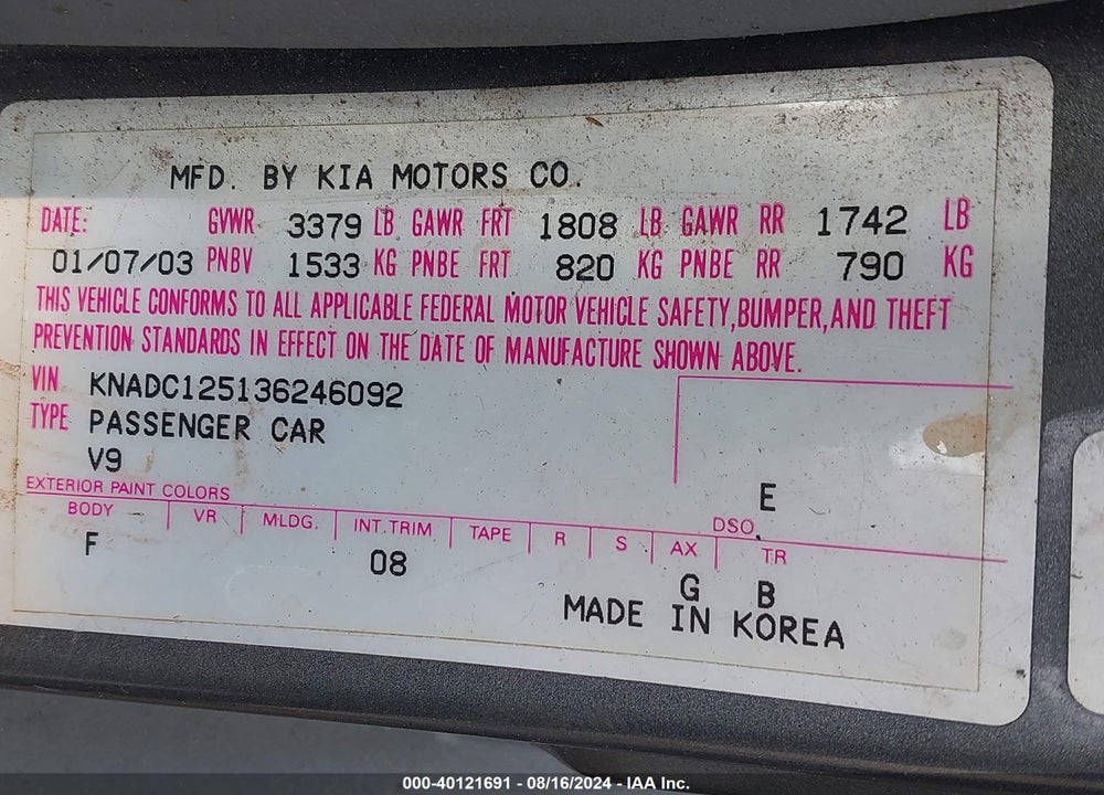 2003 KIA RIO VIN: KNADC125136246092