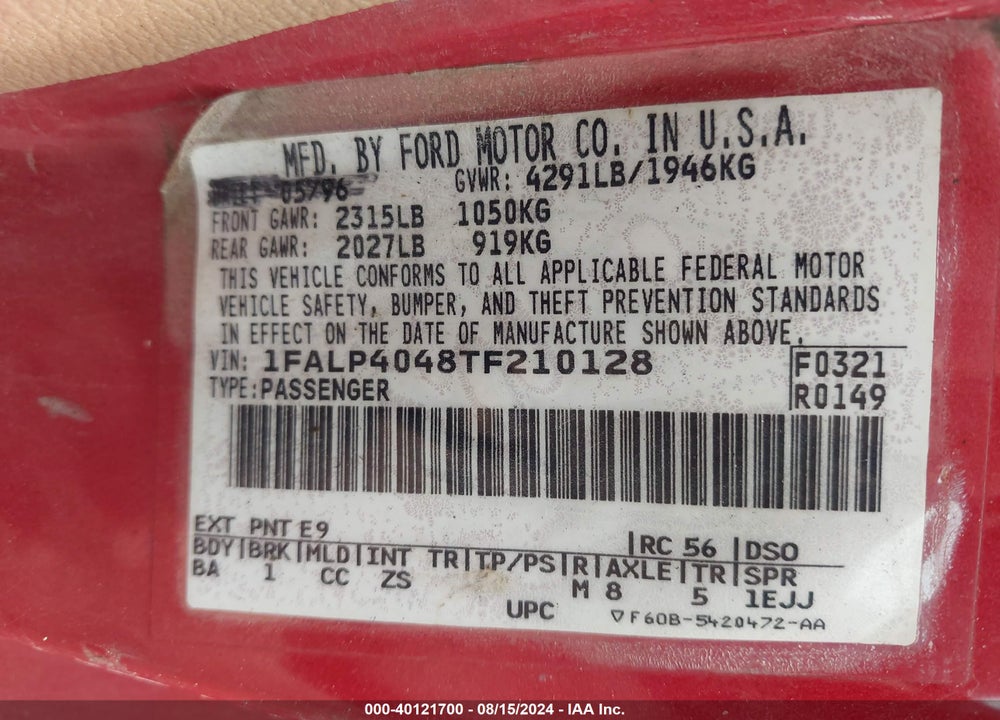1996 FORD MUSTANG VIN: 1FALP4048TF210128