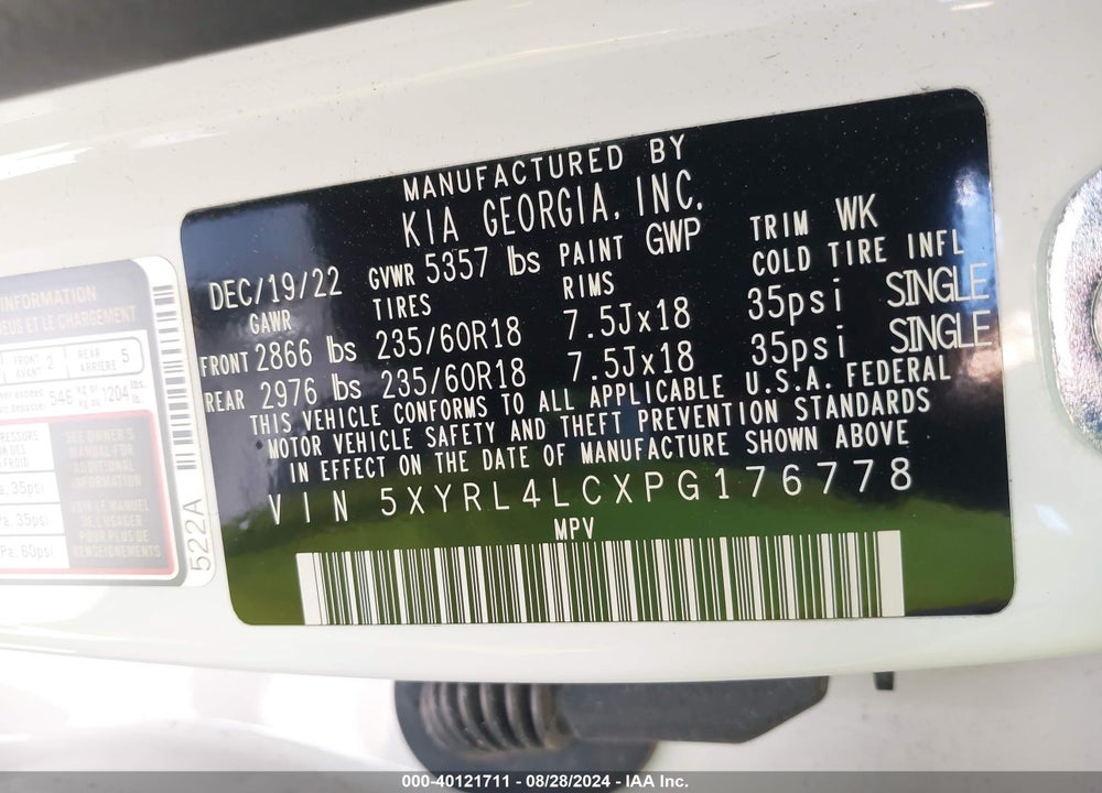2023 KIA SORENTO S VIN: 5XYRL4LCXPG176778