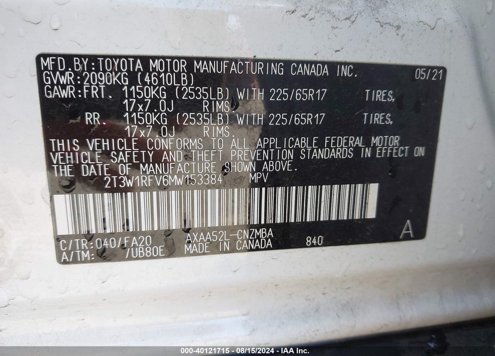2021 TOYOTA RAV4 XLE VIN: 2T3W1RFV6MW153384
