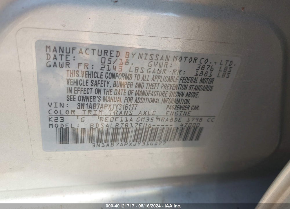 2018 NISSAN SENTRA S VIN: 3N1AB7APXJY316177