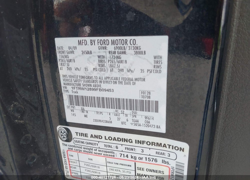 2009 FORD F-150 XL/XLT VIN: 1FTRW12899FB09453