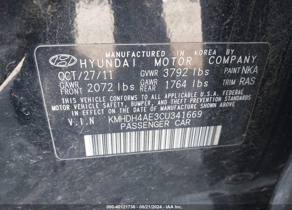 2012 HYUNDAI ELANTRA VIN: KMHDH4AE3CU341669