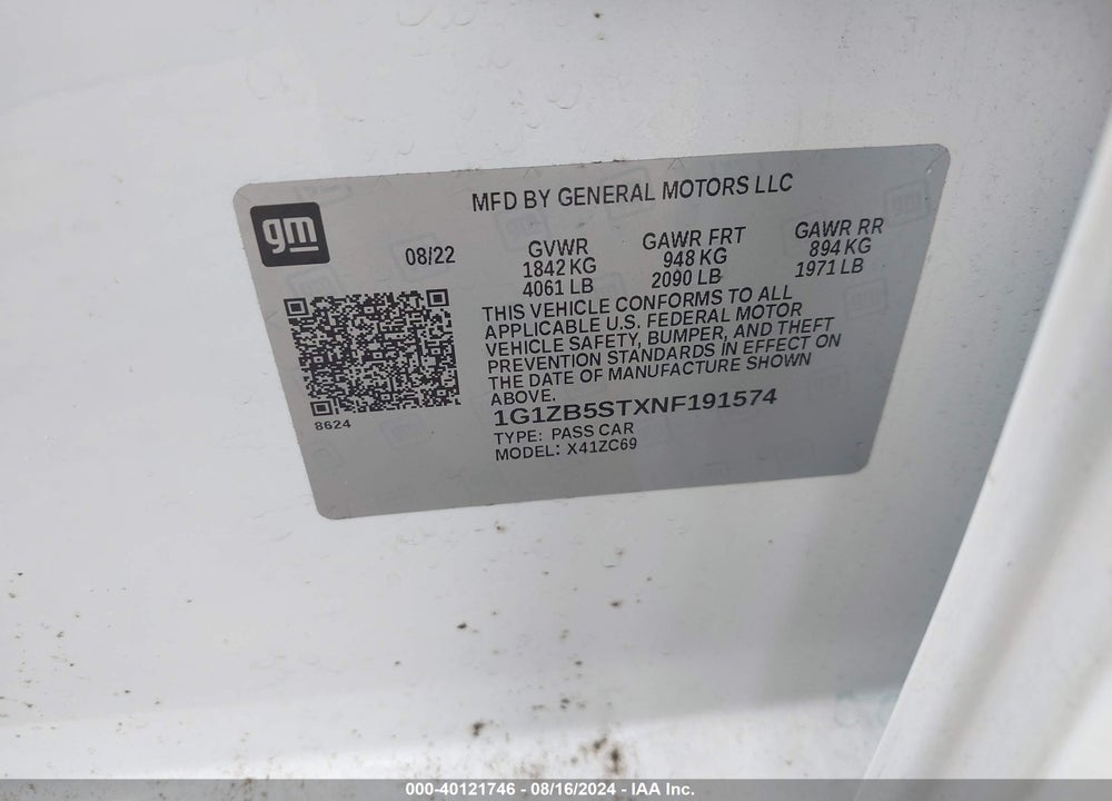2022 CHEVROLET MALIBU FWD LS VIN: 1G1ZB5STXNF191574
