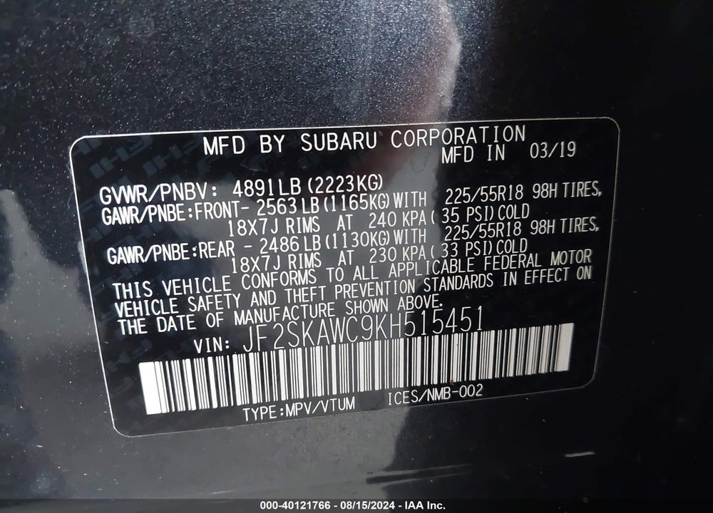 2019 SUBARU FORESTER TOURING VIN: JF2SKAWC9KH515451
