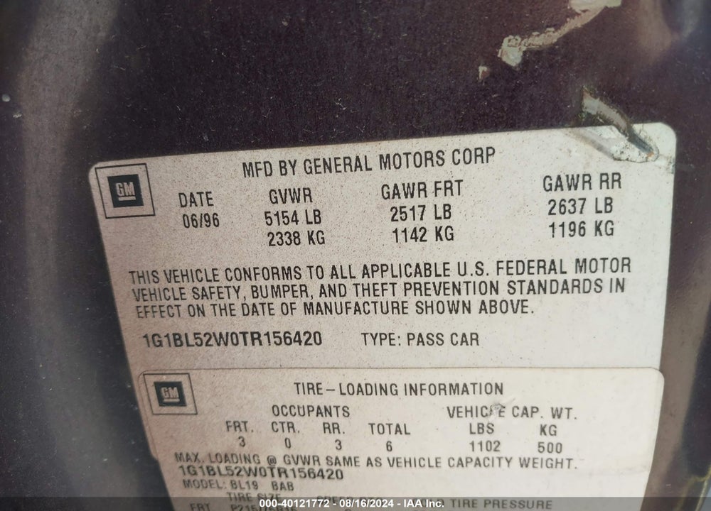 1996 CHEVROLET CAPRICE CLASSIC VIN: 1G1BL52W0TR156420
