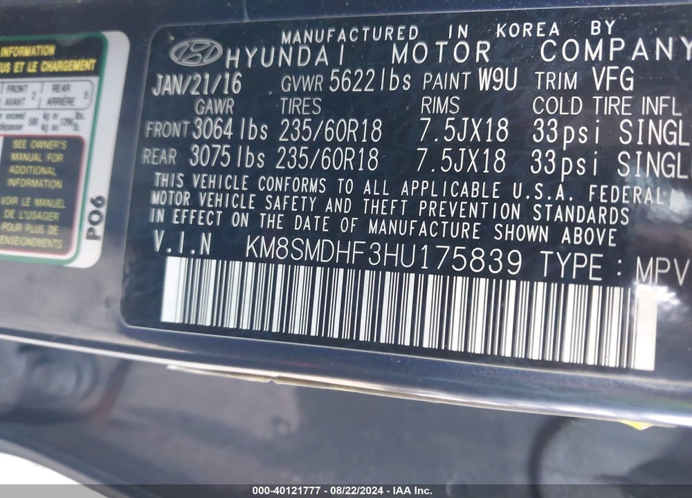2017 HYUNDAI SANTA FE SE VIN: KM8SMDHF3HU175839