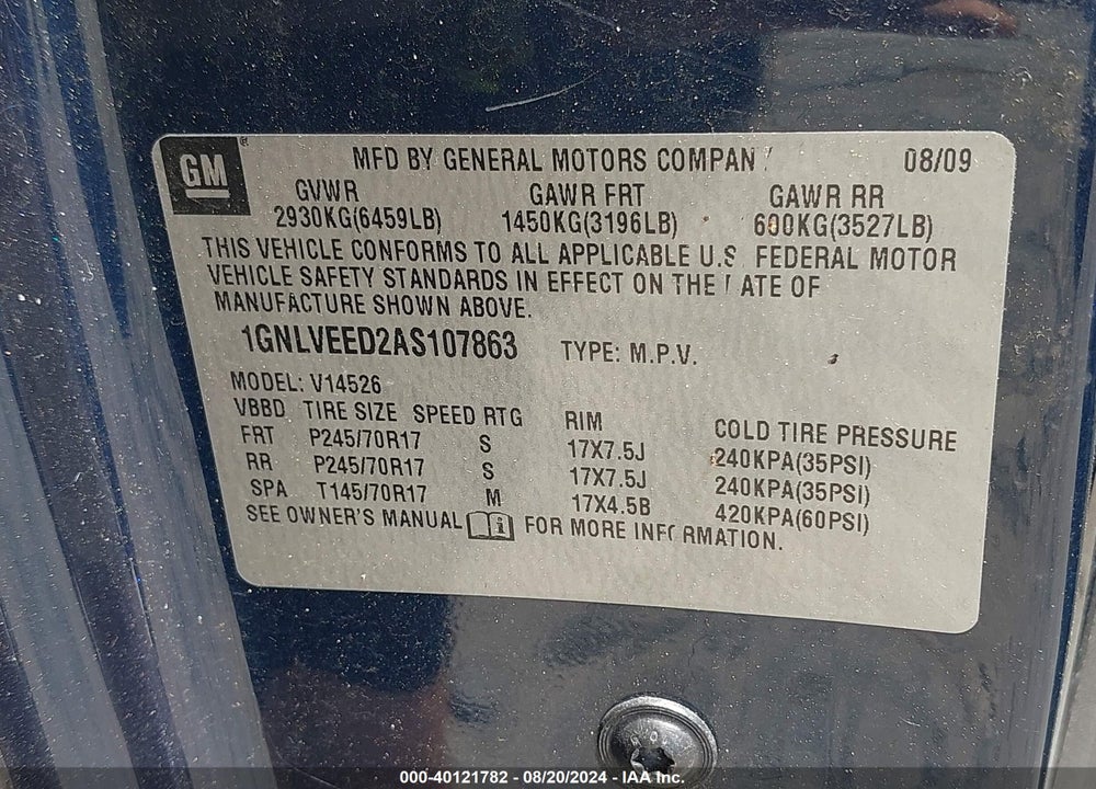 2010 CHEVROLET TRAVERSE LS VIN: 1GNLVEED2AS107863