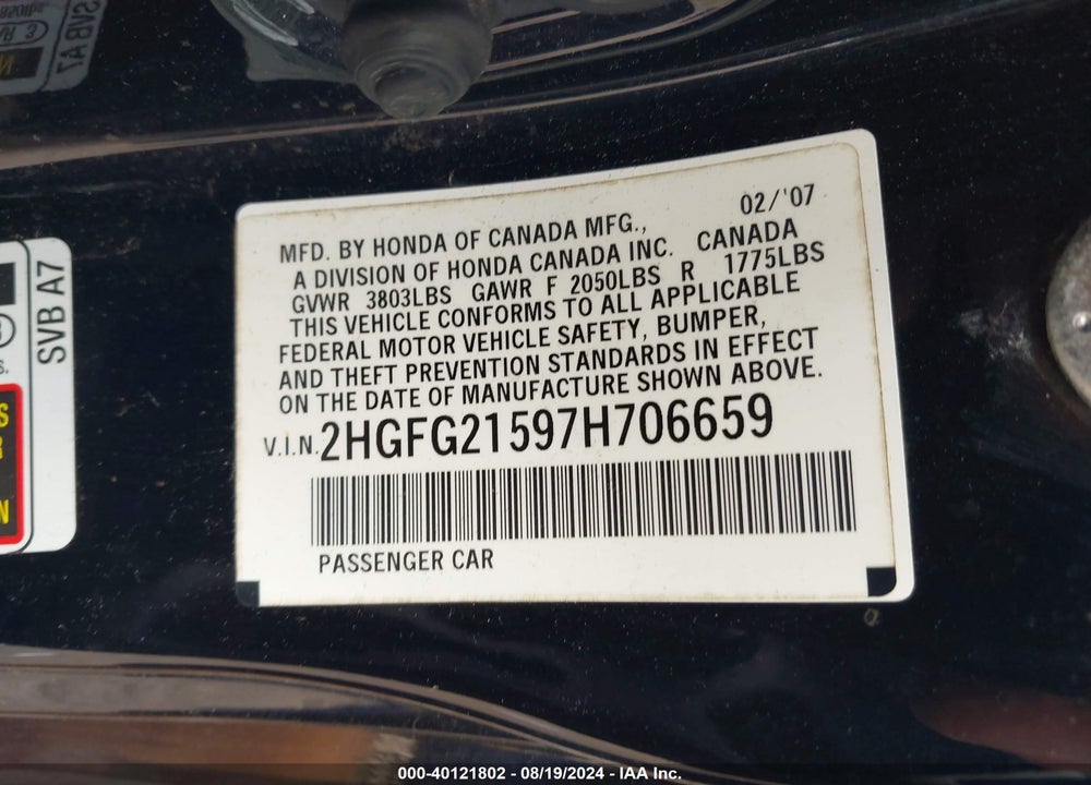 2007 HONDA CIVIC SI VIN: 2HGFG21597H706659