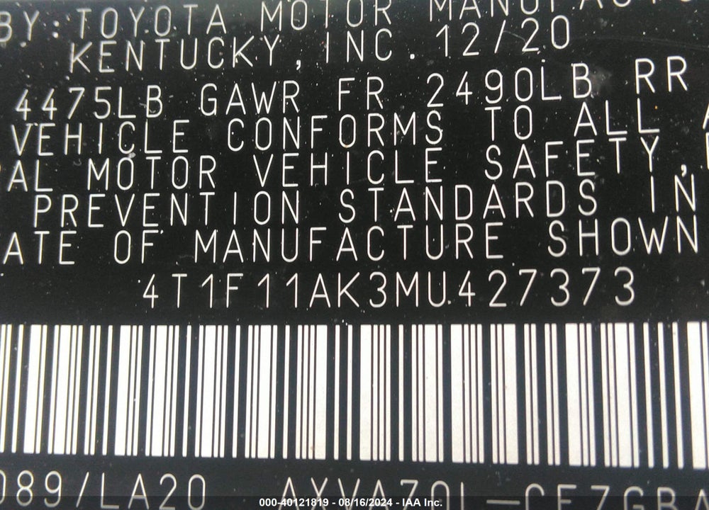 2021 TOYOTA CAMRY XLE VIN: 4T1F11AK3MU427373