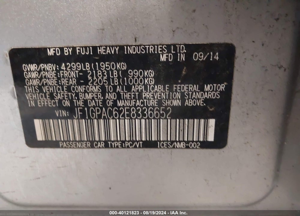 2014 SUBARU IMPREZA 2.0I PREMIUM VIN: JF1GPAC62E8336652