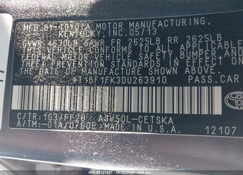 2013 TOYOTA CAMRY SE VIN: 4T1BF1FK3DU263910
