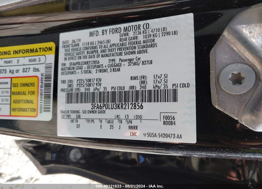 2019 FORD FUSION HYBRID SE VIN: 3FA6P0LU3KR212856
