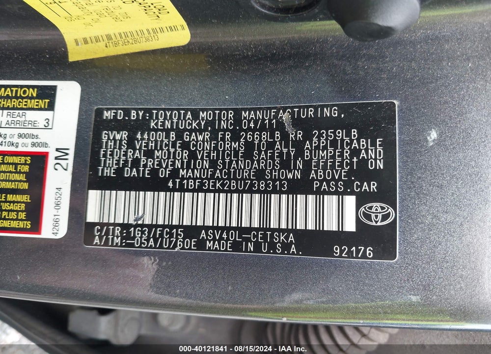 2011 TOYOTA CAMRY SE VIN: 4T1BF3EK2BU738313