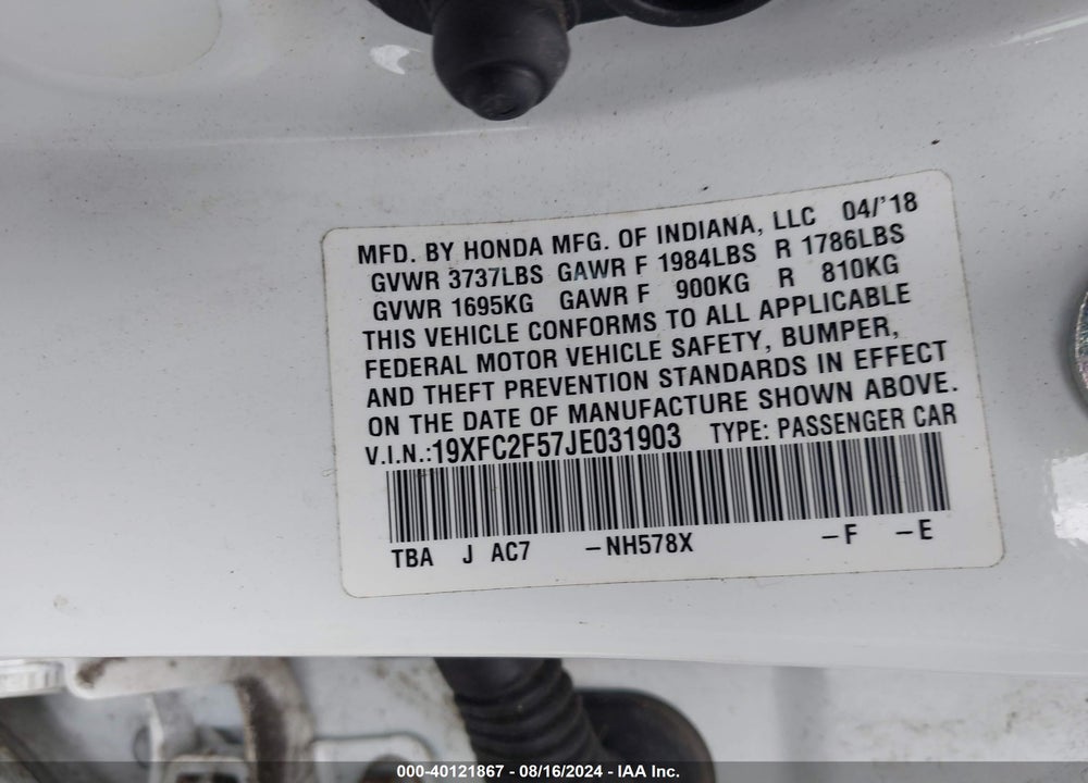 2018 HONDA CIVIC LX VIN: 19XFC2F57JE031903