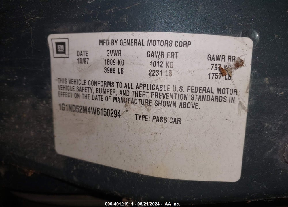 1998 CHEVROLET MALIBU VIN: 1G1ND52M4W6150294