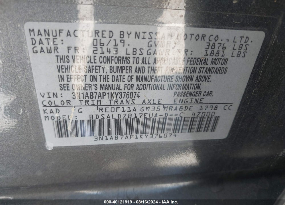 2019 NISSAN SENTRA SV VIN: 3N1AB7AP1KY376074