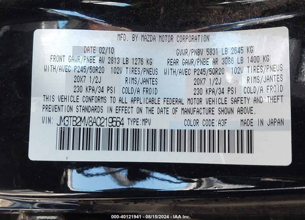 2010 MAZDA CX-9 GRAND TOURING VIN: JM3TB2MV8A0219564