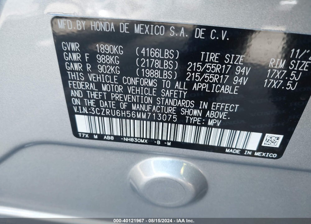 2021 HONDA HR-V AWD EX VIN: 3CZRU6H56MM713075