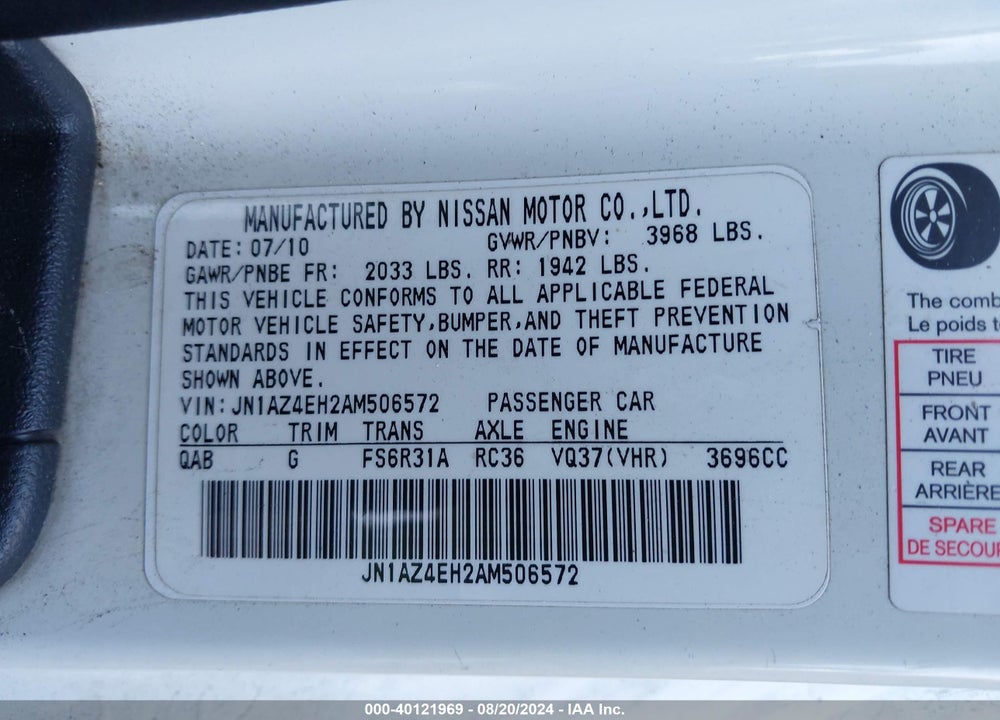2010 NISSAN 370Z VIN: JN1AZ4EH2AM506572