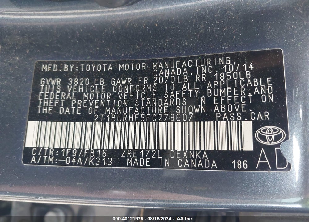 2015 TOYOTA COROLLA LE VIN: 2T1BURHE5FC279607