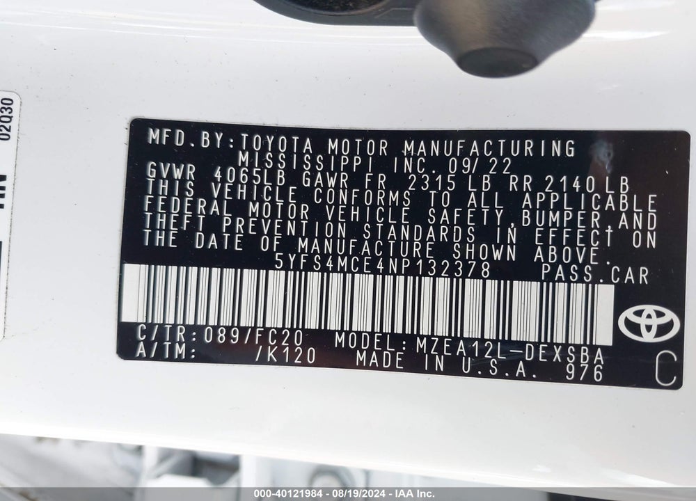2022 TOYOTA COROLLA SE VIN: 5YFS4MCE4NP132378
