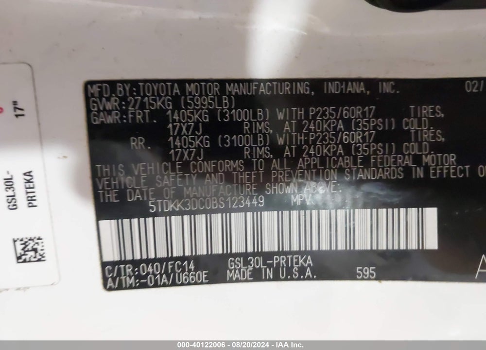 2011 TOYOTA SIENNA LE V6 VIN: 5TDKK3DC0BS123449