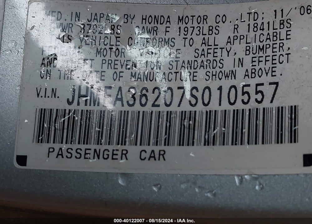 2007 HONDA CIVIC HYBRID VIN: JHMFA36207S010557