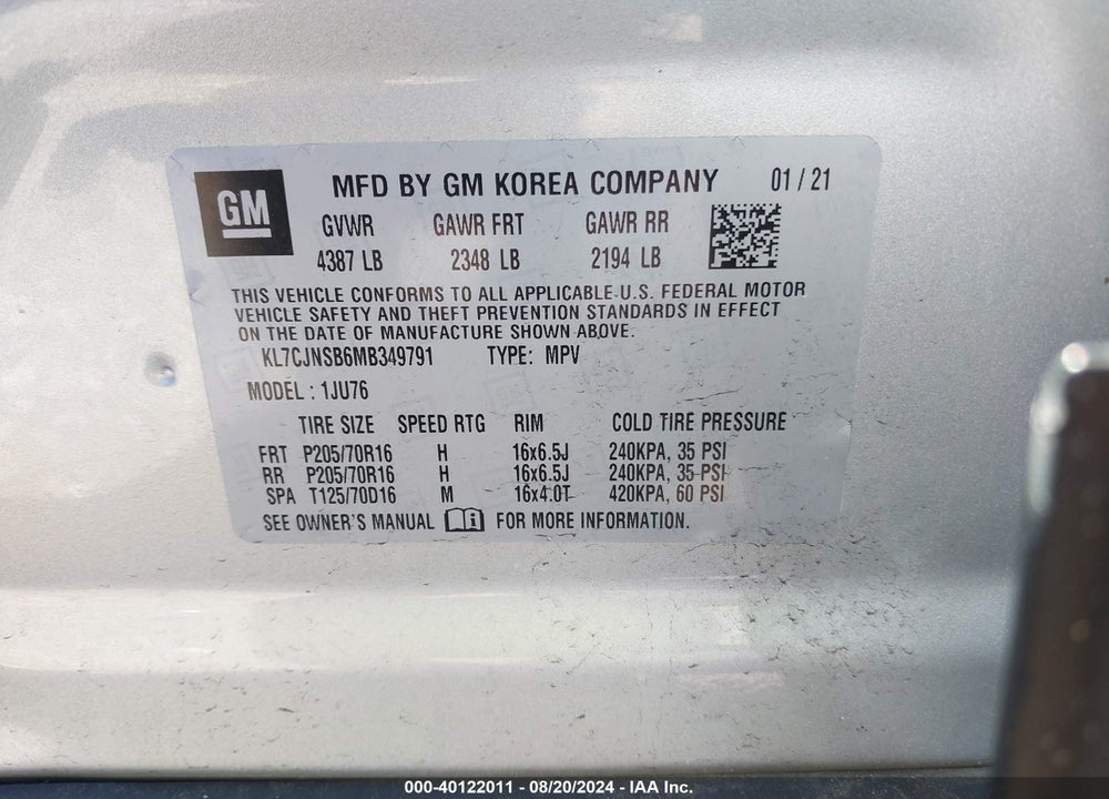 2021 CHEVROLET TRAX AWD LS VIN: KL7CJNSB6MB349791