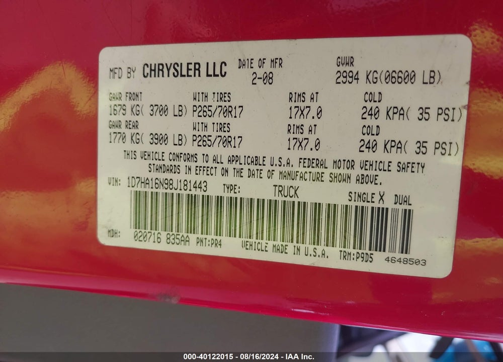 2008 DODGE RAM 1500 ST/SXT VIN: 1D7HA16N98J181443
