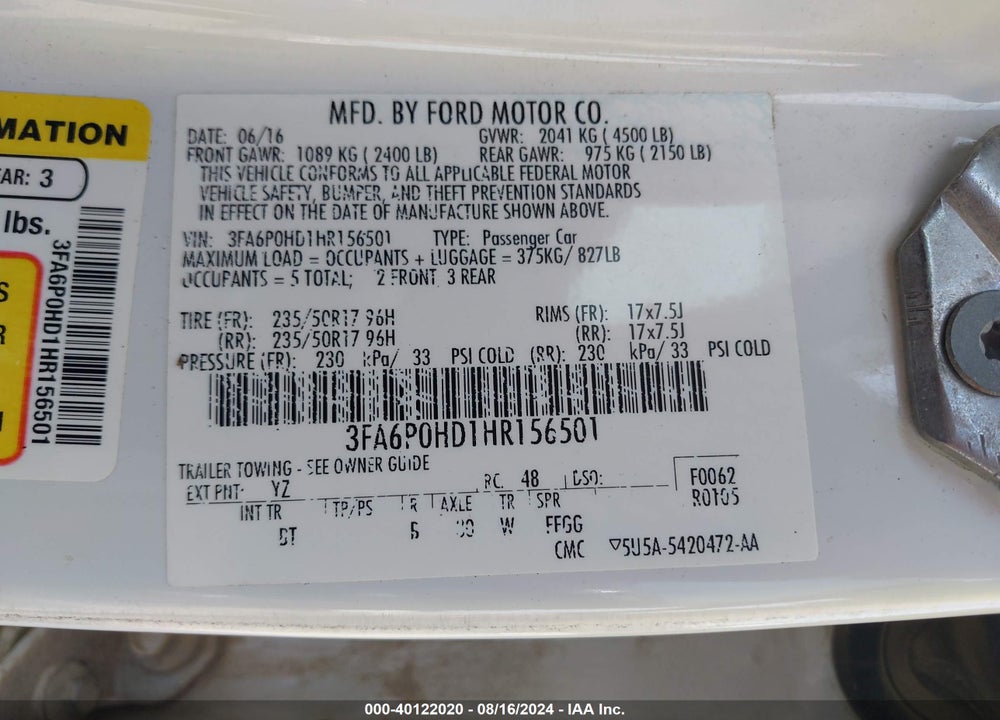 2017 FORD FUSION SE VIN: 3FA6P0HD1HR156501