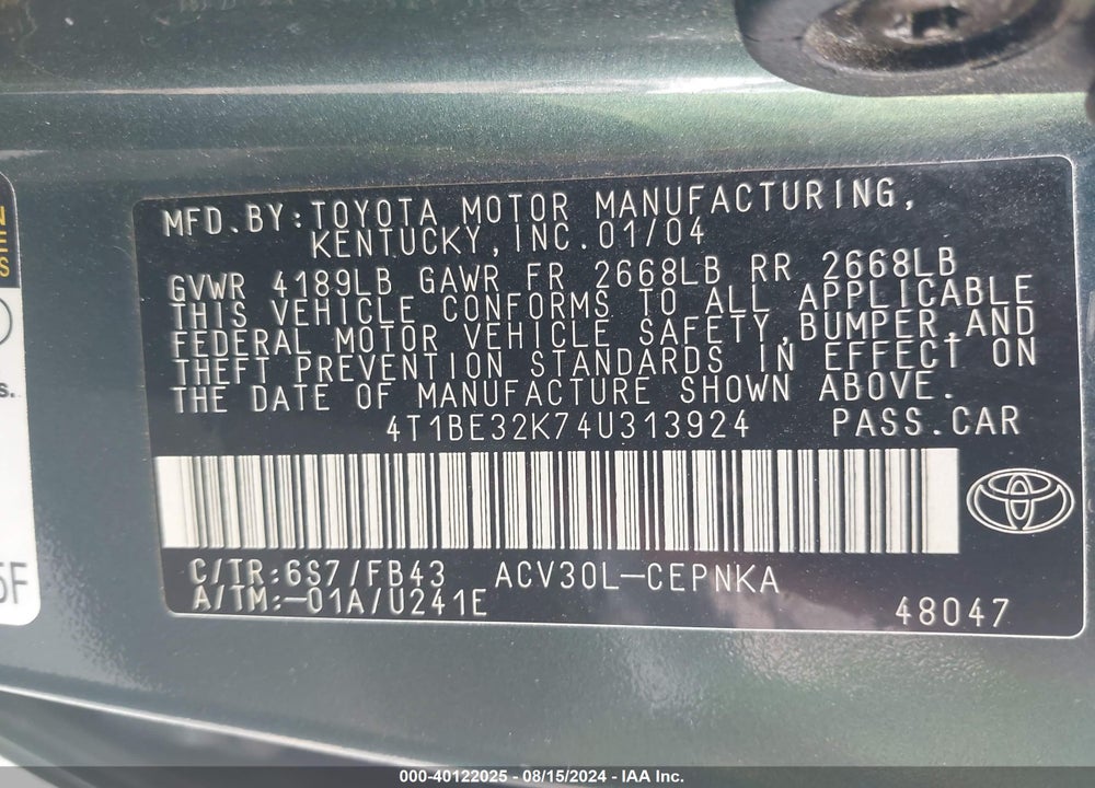 2004 TOYOTA CAMRY LE VIN: 4T1BE32K74U313924