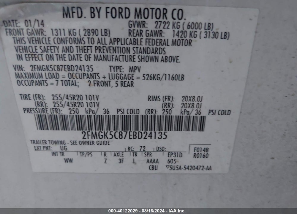 2014 FORD FLEX SEL VIN: 2FMGK5C87EBD24135