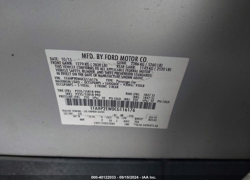 2012 FORD TAURUS SEL VIN: 1FAHP2EW0CG116176