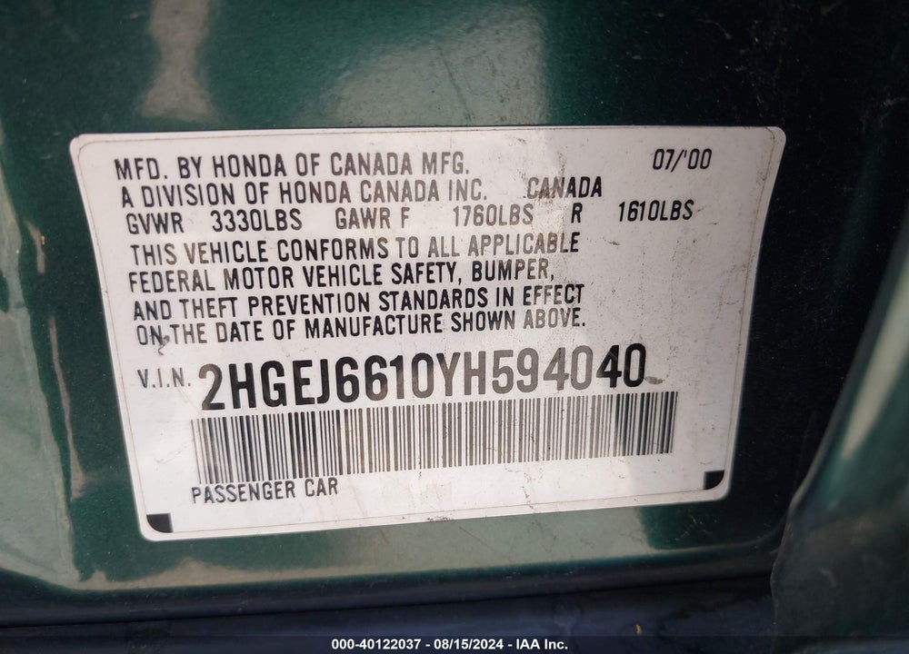 2000 HONDA CIVIC VALUE PACKAGE VIN: 2HGEJ6610YH594040
