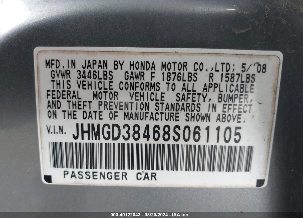 2008 HONDA FIT VIN: JHMGD38468S061105