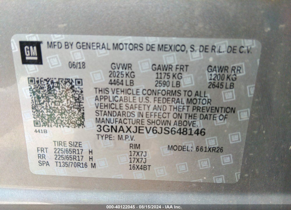 2018 CHEVROLET EQUINOX LT VIN: 3GNAXJEV6JS648146