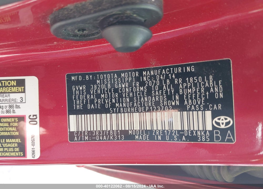 2014 TOYOTA COROLLA VIN: 5YFBURHE0EP123702