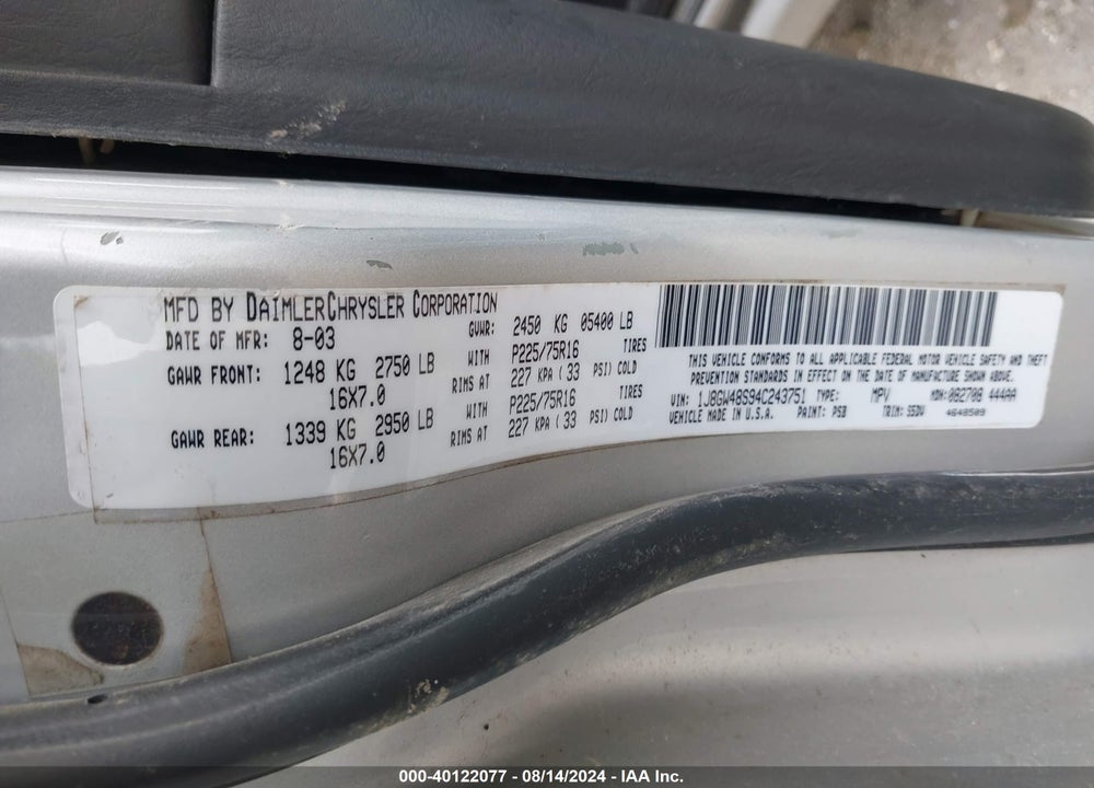 2004 CHEROKEE JEEP GRAND  LAREDO VIN: 1J8GW48S94C243751