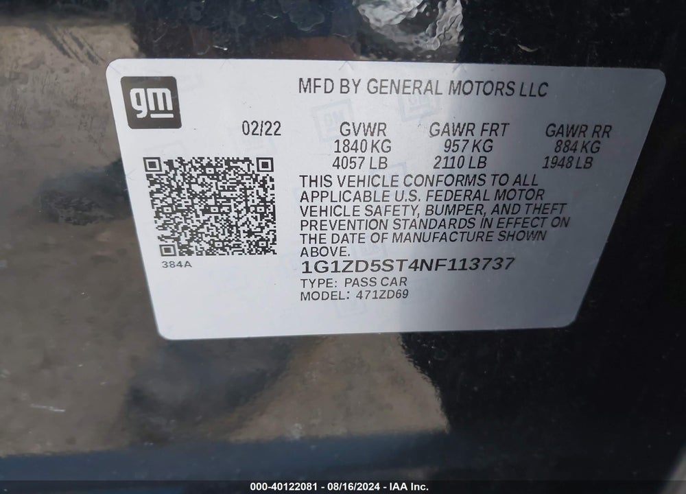 2022 CHEVROLET MALIBU FWD LT VIN: 1G1ZD5ST4NF113737