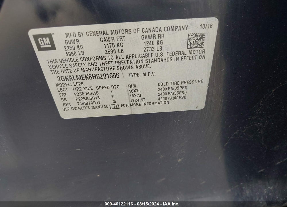2017 GMC TERRAIN SLE-1 VIN: 2GKALMEK8H6201956