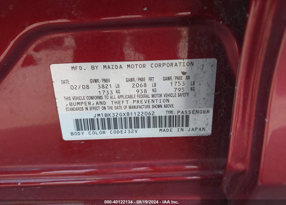 2008 MAZDA 3 I TOURING VALUE VIN: JM1BK32GX81122062