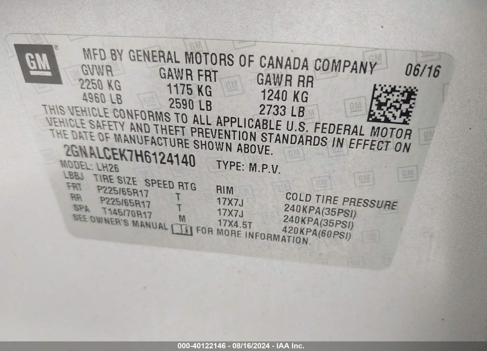 2017 CHEVROLET EQUINOX LT VIN: 2GNALCEK7H6124140