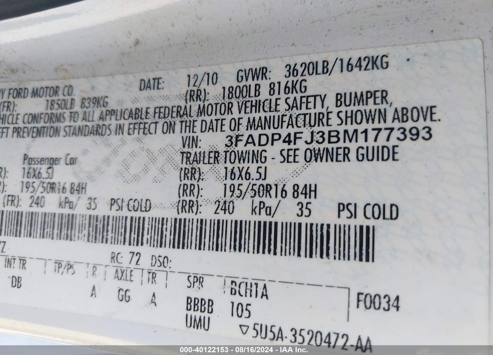 2011 FORD FIESTA SES VIN: 3FADP4FJ3BM177393