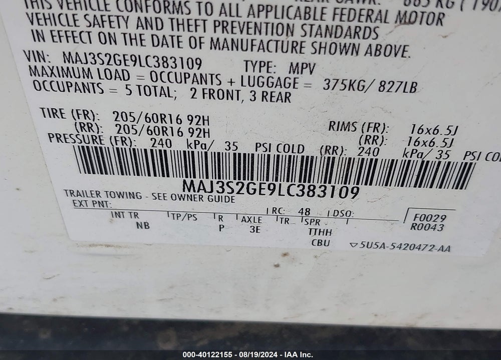 2020 FORD ECOSPORT SE VIN: MAJ3S2GE9LC383109