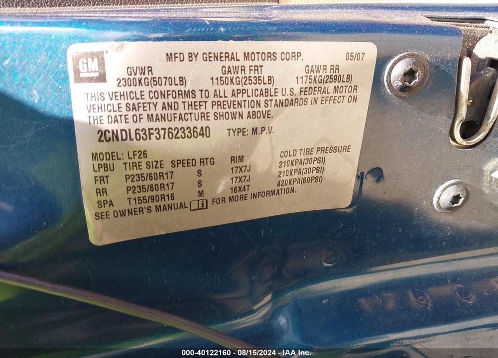 2007 CHEVROLET EQUINOX LT VIN: 2CNDL63F376233640